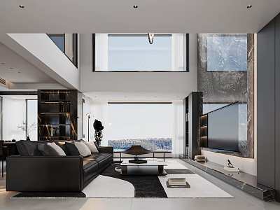 Stylish Loft Living Room With Large Windows Black Sofa And TV Wall 3d model