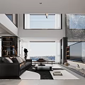 Stylish Loft Living Room With Large Windows Black Sofa And TV Wall