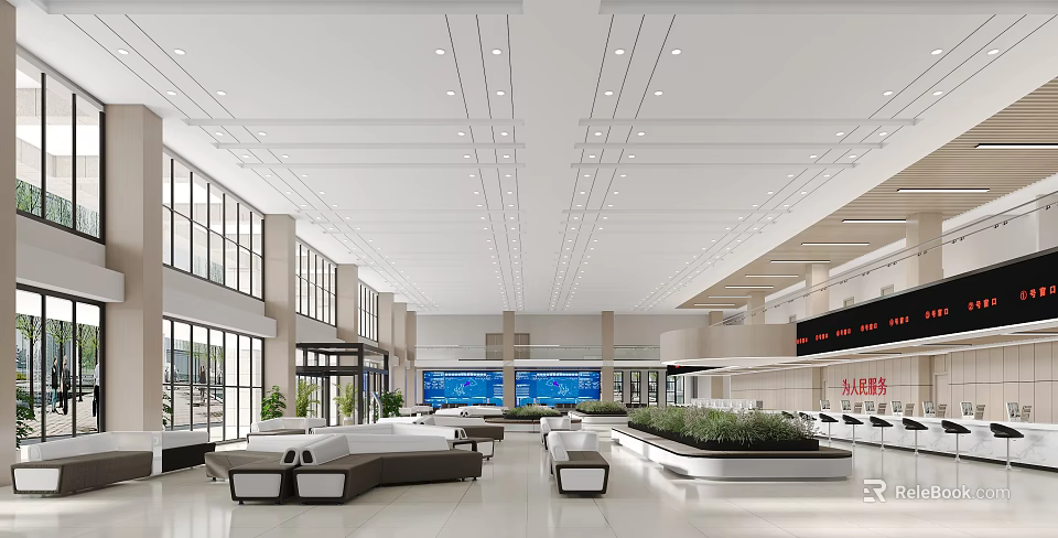 Modern Service Hall With Spacious Waiting Area And Counters 3d model