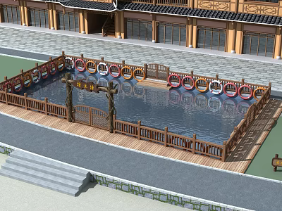 Traditional Chinese Garden Landscape With Square Pond Wooden Fence Colorful Ring Decorations And Chinese Buildings 3d model