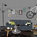 Gray Sofa and Coffee Table Set With Throw Pillows Floor Lamp Wall Art and Bicycle
