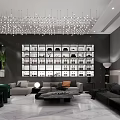 Modern Lounge With Crystal Chandelier Display Cabinets Sofas And Marble Flooring 3d model