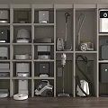 Various Modern Household Appliances Neatly Arranged On Shelves Display Collection