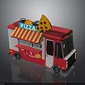 Red Mobile Pizza Truck With Pizza Sign Striped Awning And Slice Decoration