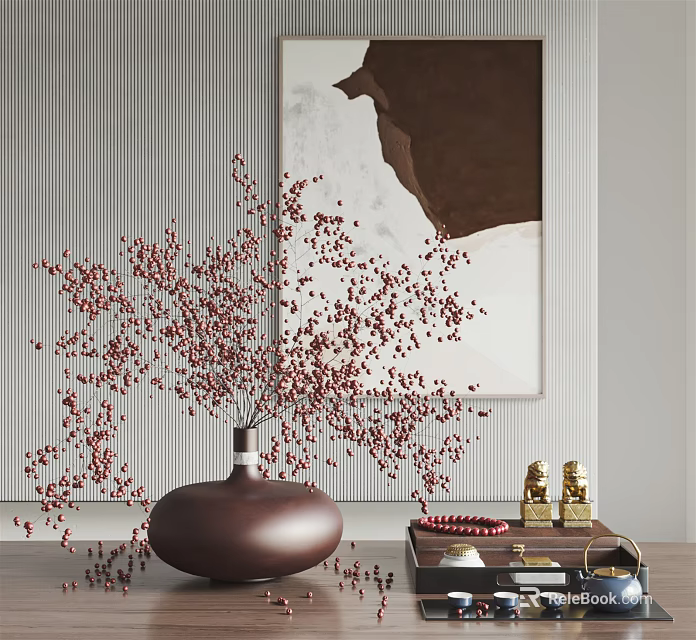 Decorative Ornament Set Featuring Brown Vase Red Berry Branches and Golden Figurines 3d model 