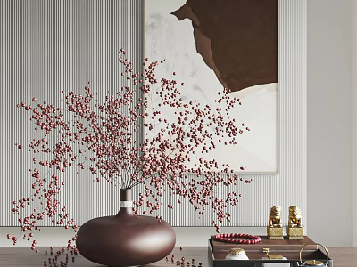 Decorative Ornament Set Featuring Brown Vase Red Berry Branches and Golden Figurines 3d model