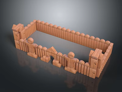 Brown Building Blocks Constructed Fence Enclosure With Towers Arched Gate And Rounded Tops 3d model