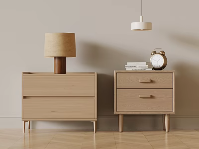 Bedroom Scene With Wooden Bedside Tables Table Lamp Alarm Clock And Stacked Books 3d model