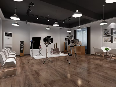 Spacious Photography Studio Interior With Professional Equipment White Chairs And Wooden Floor 3d model