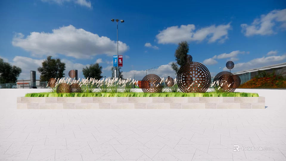 Outdoor Metal Landscape Sculptures With Intricate Cutout Designs In Public Space With Blue Sky Greenery 3d model 