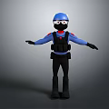 3D Tactical Character In Blue Uniform With Black Vest Helmet Goggles And Arms Outstretched