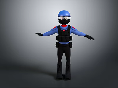 3D Tactical Character In Blue Uniform With Black Vest Helmet Goggles And Arms Outstretched 3d model