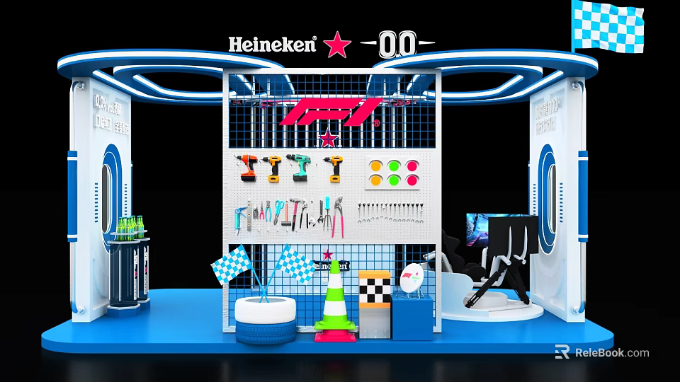 Heineken 00 Interactive Zone Exhibition Stand With Neon Lights Racing Flags Cones And Tools 3d model 
