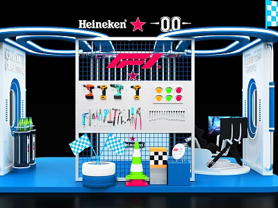 Heineken 00 Interactive Zone Exhibition Stand With Neon Lights Racing Flags Cones And Tools 3d model