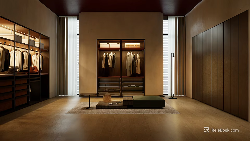 Modern Open Walk-in Closet With Wooden Wardrobes Hanging Areas Drawers Rug And Bench 3d model 