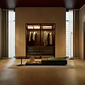 Modern Open Walk-in Closet With Wooden Wardrobes Hanging Areas Drawers Rug And Bench