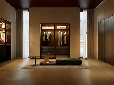 Modern Open Walk-in Closet With Wooden Wardrobes Hanging Areas Drawers Rug And Bench 3d model