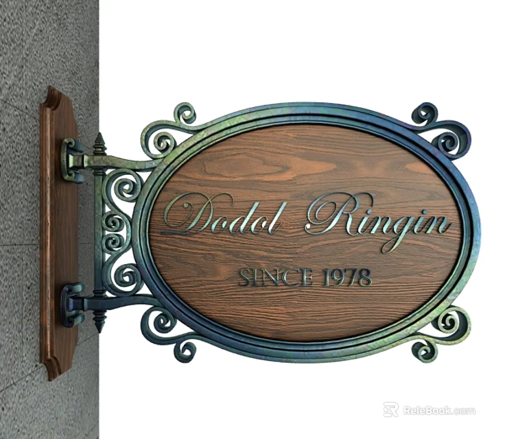Vintage Oval Wooden Billboard Featuring Doodol Ringin Text Since 1978 And Metal Scroll Decorations 3d model 