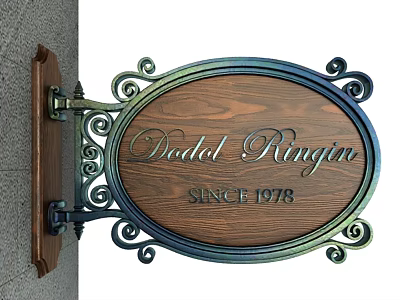 Vintage Oval Wooden Billboard Featuring Doodol Ringin Text Since 1978 And Metal Scroll Decorations 3d model