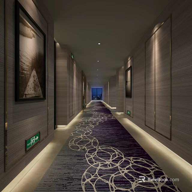 Hotel Corridor With Purple Carpet White Circular Patterns Gray Walls And Decorative Paintings 3d model 