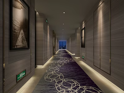 Hotel Corridor With Purple Carpet White Circular Patterns Gray Walls And Decorative Paintings 3d model