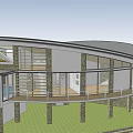 Modern Residential Building with Glass Windows Stone Wall Balcony Railings and Trees