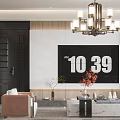 Modern Chinese Living Dining Room Interior With Sofa Coffee Table And Mountain Painting