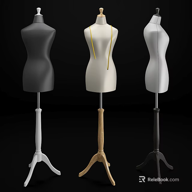 Three Different Colored Dress Forms With Wooden And Metal Bases For Fashion 3d model 