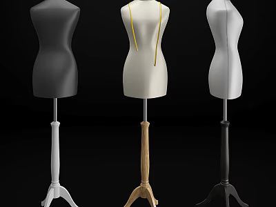 Three Different Colored Dress Forms With Wooden And Metal Bases For Fashion 3d model