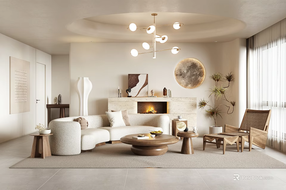 Modern Living Room Interior With Beige Sofa Fireplace Chandelier Round Decor And Green Plant 3d model 