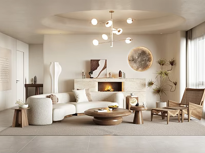 Modern Living Room Interior With Beige Sofa Fireplace Chandelier Round Decor And Green Plant 3d model