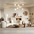 Modern Living Room Interior With Beige Sofa Fireplace Chandelier Round Decor And Green Plant