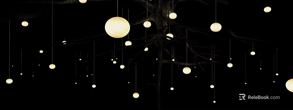 Outdoor Hanging Round Lights With Tree Branches In Dark Background Warm Atmosphere 3d model 