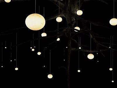 Outdoor Hanging Round Lights With Tree Branches In Dark Background Warm Atmosphere 3d model