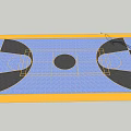 Outdoor Basketball Court With Basketball Hoop Blue Surface Yellow Lines And Black Circles