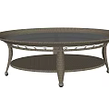 Oval Two Tier Coffee Table With Glass Top Rattan Frame And Metal Legs