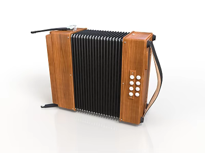 Wooden Accordion With Black Bellows White Buttons And Brown Strap 3d model