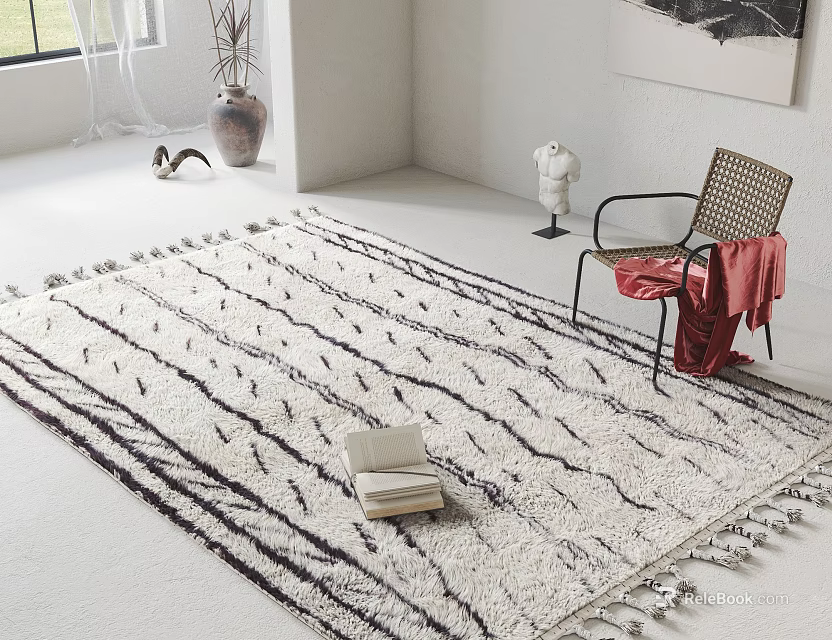 Square Rug With Black Stripes And Fringes On Light-Colored Floor With Chair And Red Blanket 3d model 