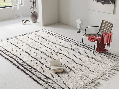 Square Rug With Black Stripes And Fringes On Light-Colored Floor With Chair And Red Blanket 3d model
