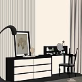 Elegant Modern Bedroom Interior With Dark Wooden Dresser White Drawers Vanity Mirror And Table Lamp