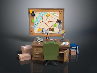 Office Desk Setup With Bulletin Board Green Chair Storage Boxes And Supplies 3d model
