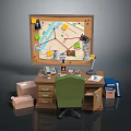 Office Desk Setup With Bulletin Board Green Chair Storage Boxes And Supplies