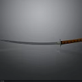 Traditional Samurai Sword Weapon With Curved Sharp Blade Red Wooden Handle And Shiny Surface Reflection