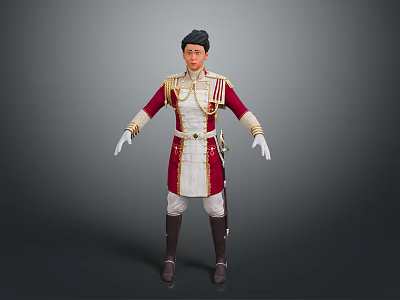 Military Uniform In Red White With Gold Accents Black Hat White Gloves And Boots 3d model
