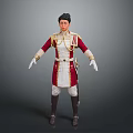 Military Uniform In Red White With Gold Accents Black Hat White Gloves And Boots