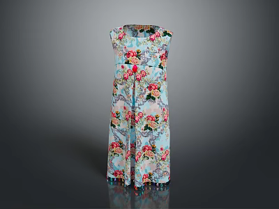 Light Blue Sleeveless Dress With Floral Print And Tassel Hem Details 3d model