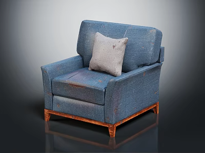 Vintage Distressed Blue Armchair With Gray Pillow And Solid Wooden Legs 3d model