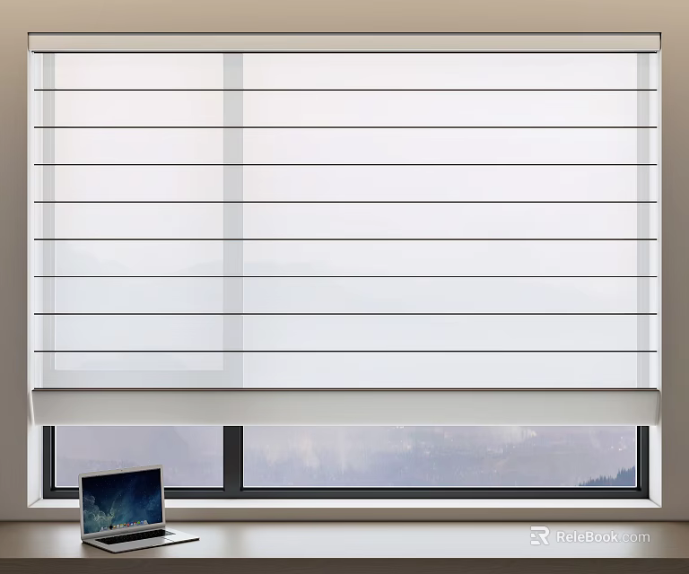 White Window Blinds For Modern Interior With Laptop And Scenic View 3d model