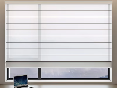 White Window Blinds For Modern Interior With Laptop And Scenic View 3d model