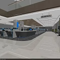 Modern Service Hall Interior Design With Spacious Area Service Counters Computers Chairs And Screens 3d model